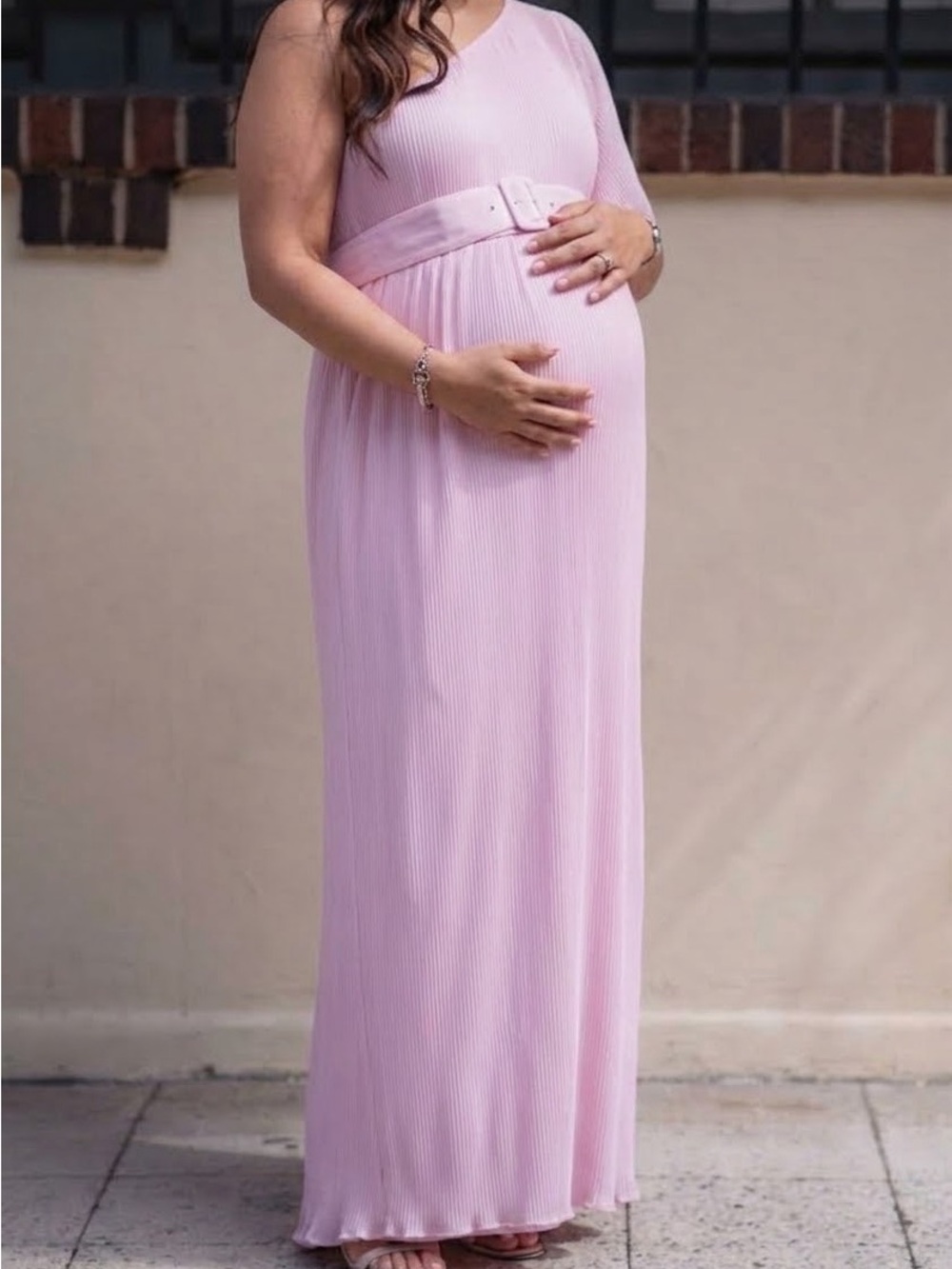 Maternity One-Shoulder Pink Maxi Dress with Belt, barely worn, like new! US 10